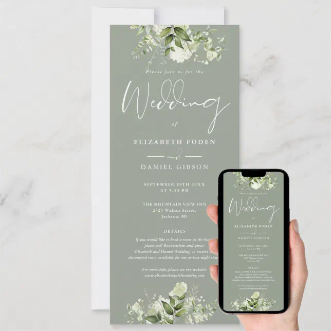 Greenery Floral Details Elegant Sage Green Wedding Invitation | Zazzle