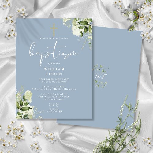 Greenery Floral Dusty Blue Baptism Invitation Postcard