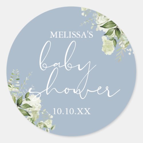 Greenery Floral Dusty Blue Boy Baby Shower Favor Classic Round Sticker