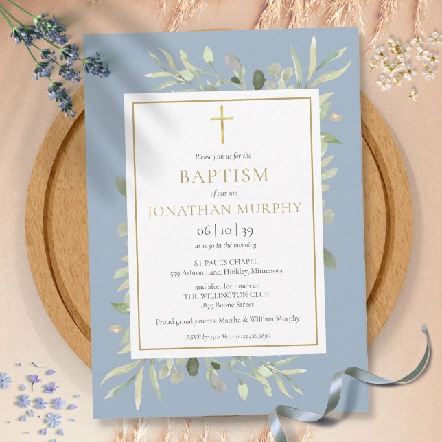 Greenery Floral Dusty Blue Boy Baptism  Invitation (Creator Uploaded)