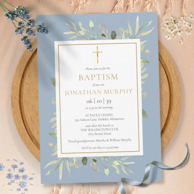 Greenery Floral Dusty Blue Boy Baptism Invitation | Zazzle