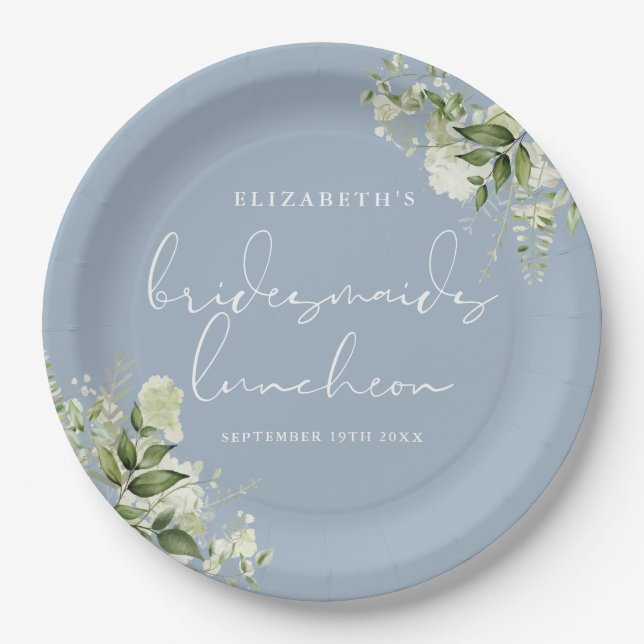 Greenery Floral Dusty Blue Bridesmaids Luncheon Paper Plates (Front)