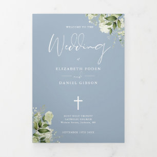 Greenery Floral Dusty Blue Catholic Wedding Mass Tri-Fold Program