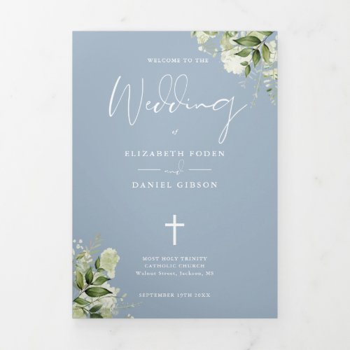 Greenery Floral Dusty Blue Catholic Wedding Mass Tri-Fold Program