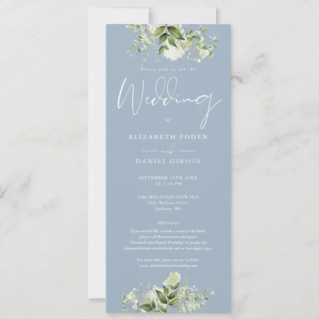 Greenery Floral Dusty Blue Details Wedding Invitation | Zazzle