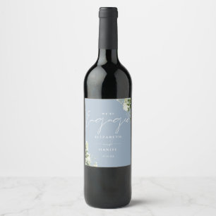 Greenery Floral Dusty Blue Engagement Party Wine Label