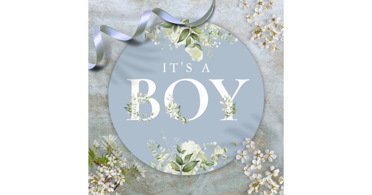 Greenery Floral Dusty Blue Its A Boy Baby Shower Classic Round Sticker ...