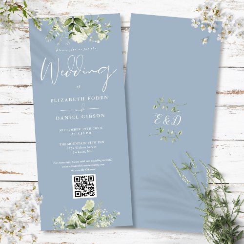 Greenery Floral Dusty Blue QR Code Wedding Invitation