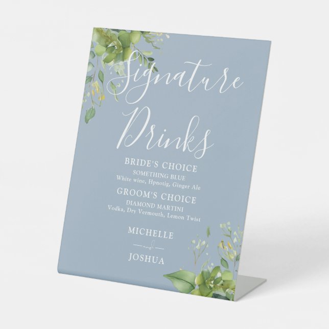 Greenery Floral Dusty Blue Signature Drinks Pedestal Sign (Front)