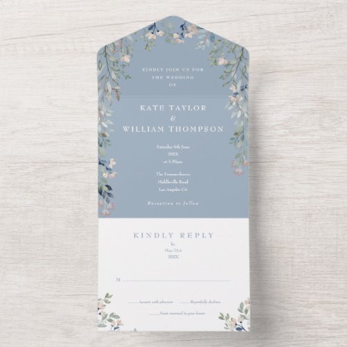 Greenery Floral Dusty Blue Wedding All In One Invitation