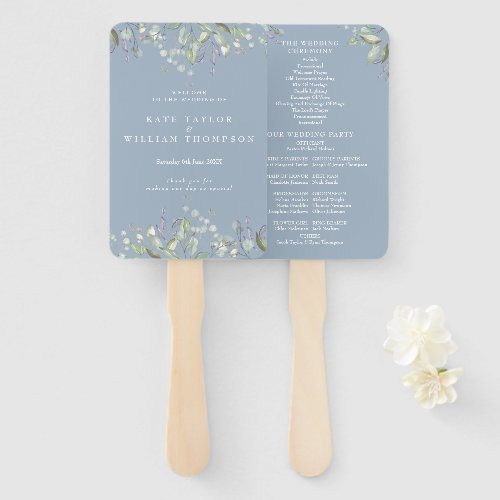 Greenery Floral Dusty Blue Wedding Program Hand Fan