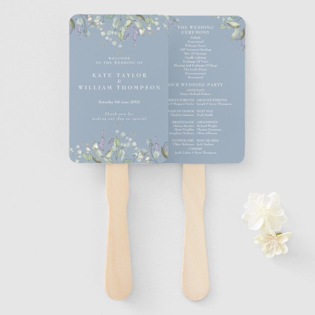 Greenery Floral Dusty Blue Wedding Program Hand Fan (Front and Back)