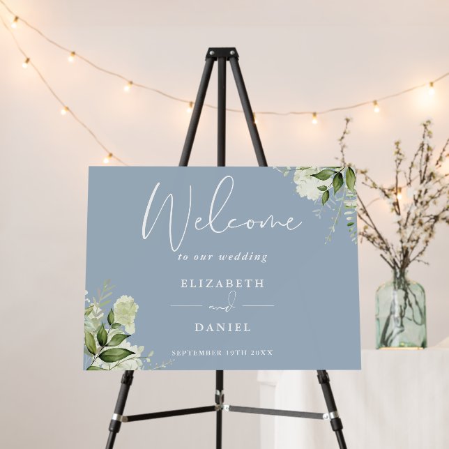 Greenery Floral Dusty Blue Wedding Welcome Sign (In Situ (Stand))