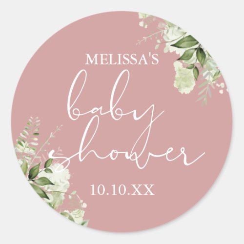 Greenery Floral Dusty Rose Girl Baby Shower Favor Classic Round Sticker