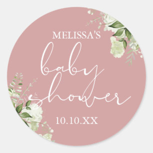 Greenery Floral Dusty Rose Girl Baby Shower Favor Classic Round Sticker