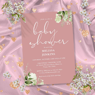 Greenery Floral Dusty Rose Girl Baby Shower Invitation