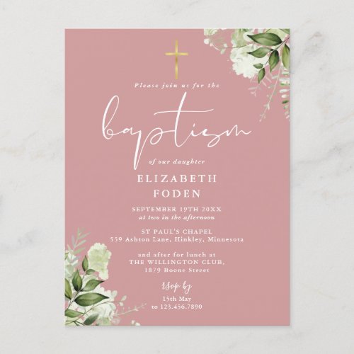Greenery Floral Dusty Rose Pink Baptism Invitation Postcard