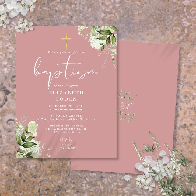 Greenery Floral Dusty Rose Pink Baptism Invitation Postcard (Greenery Floral Dusty Rose Pink Baptism Invitation Postcard)