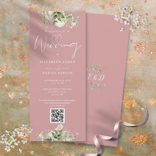 Greenery Floral Dusty Rose QR Code Wedding Invitation