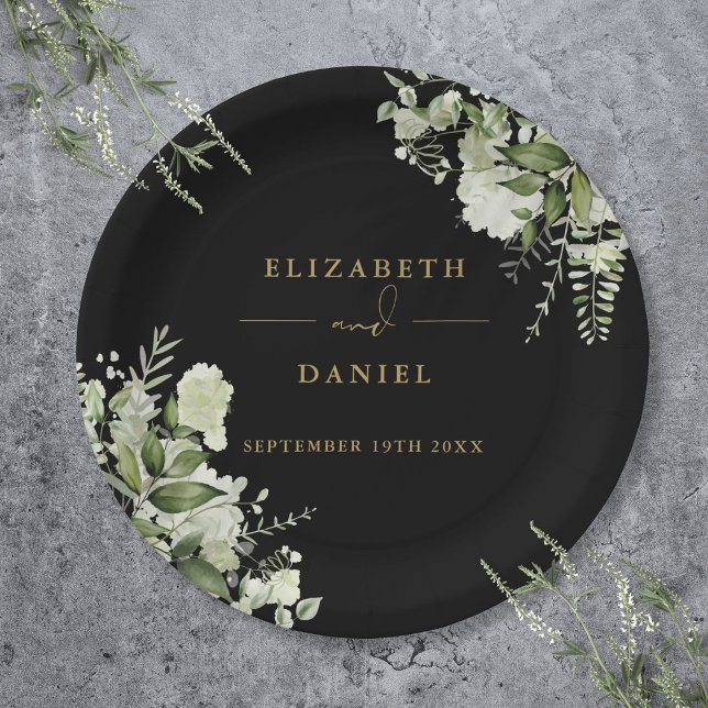 Greenery Floral Elegant Black And Gold Wedding Paper Plates (Greenery Floral Elegant Black And Gold Wedding Paper Plates)