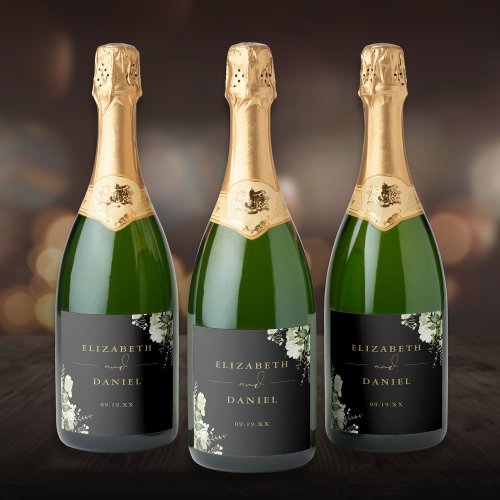 Greenery Floral Elegant Black And Gold Wedding Sparkling Wine Label