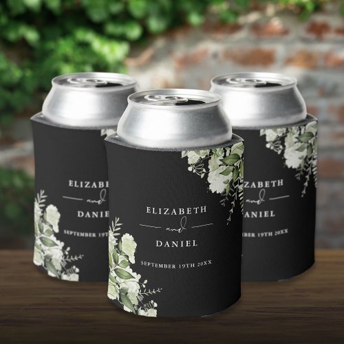 Greenery Floral Elegant Black And White Wedding Can Cooler