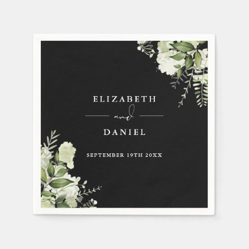 Greenery Floral Elegant Black And White Wedding Napkins