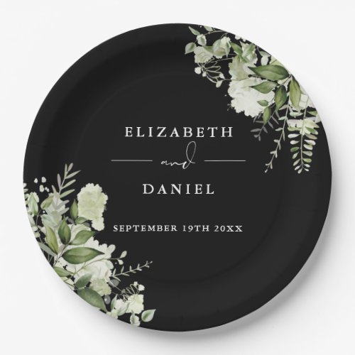 Greenery Floral Elegant Black And White Wedding Paper Plates