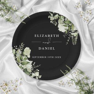 Greenery Floral Elegant Black And White Wedding Paper Plates