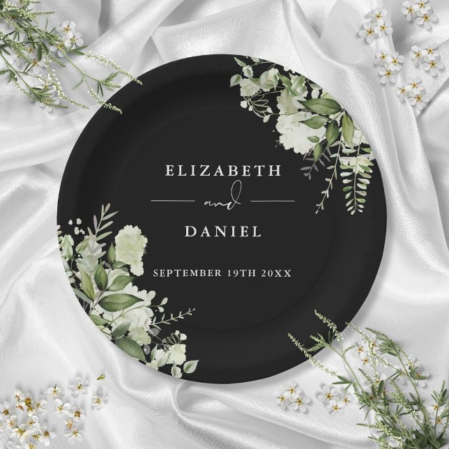 Greenery Floral Elegant Black And White Wedding Paper Plates (Greenery Floral Elegant Black And White Wedding Paper Plates)