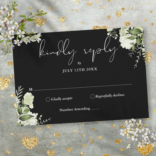 Greenery Floral Elegant Black And White Wedding RSVP Card