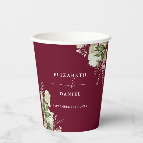 Greenery Floral Elegant Burgundy Wedding Paper Cups