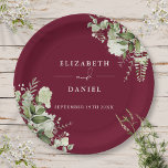 Greenery Floral Elegant Burgundy Wedding Paper Plates<br><div class="desc">Elegant floral greenery burgundy wedding paper plate personalized with your names and special wedding date. Designed by Thisisnotme©</div>