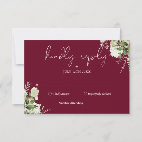 Greenery Floral Elegant Burgundy Wedding RSVP Card