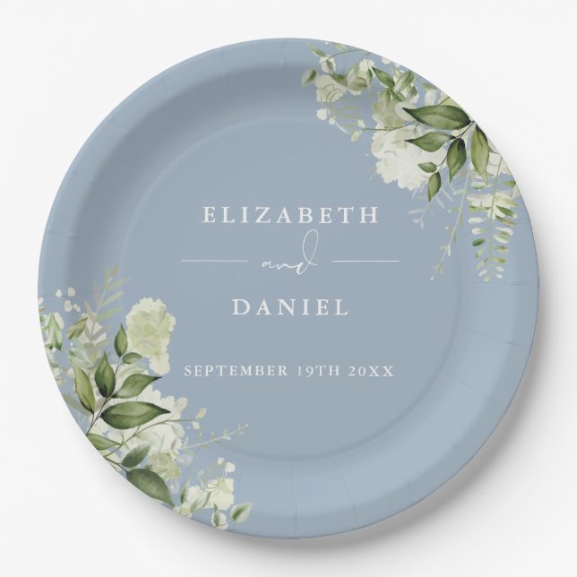 Greenery Floral Elegant Dusty Blue Wedding Paper Plates (Front)