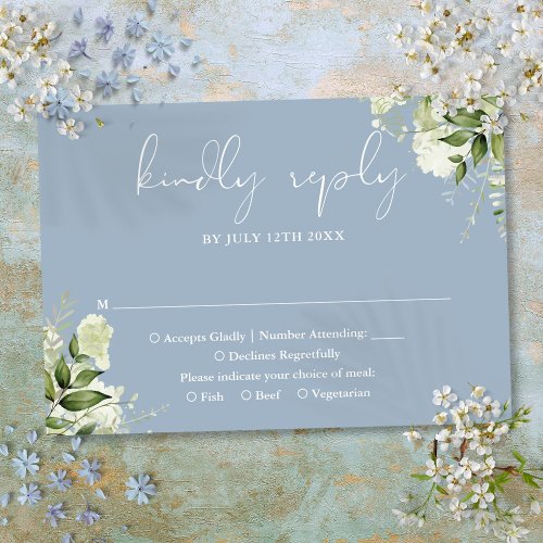 Greenery Floral Elegant Dusty Blue Wedding RSVP Card