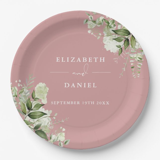 Greenery Floral Elegant Dusty Rose Wedding Paper Plates (Front)
