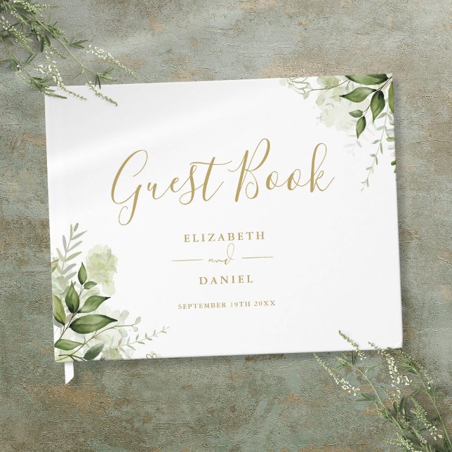Greenery Floral Elegant Gold Script Wedding Guest Book (Greenery Floral Elegant Gold Script Wedding Guest Book)