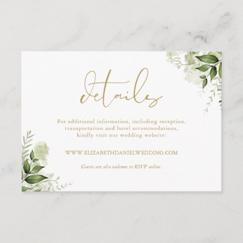 Greenery Floral Elegant Gold Wedding Details Enclosure Card