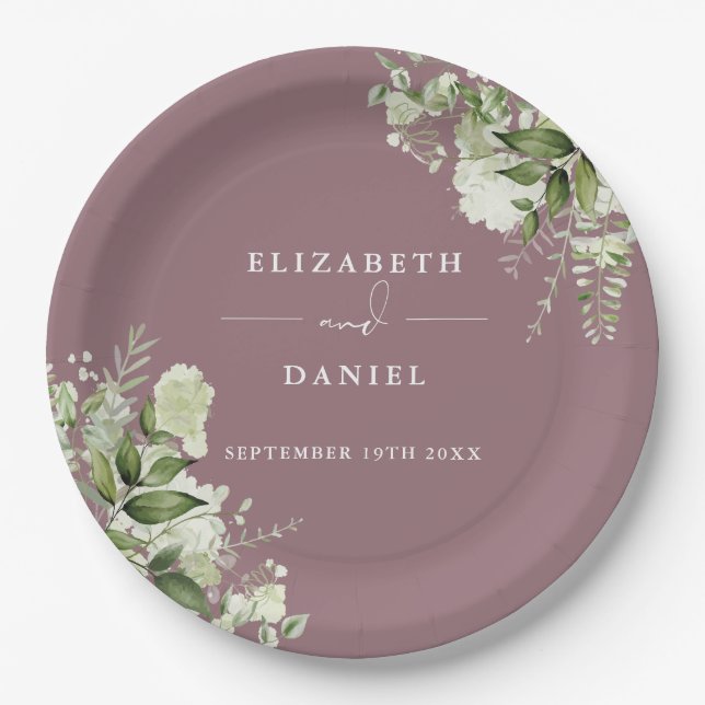 Greenery Floral Elegant Mauve Wedding Paper Plates (Front)