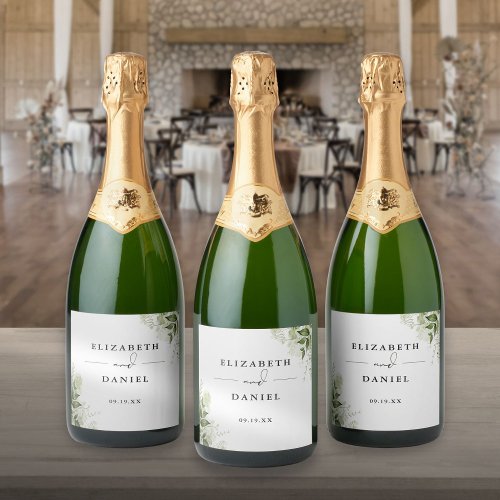 Greenery Floral Elegant Modern Wedding Sparkling Wine Label