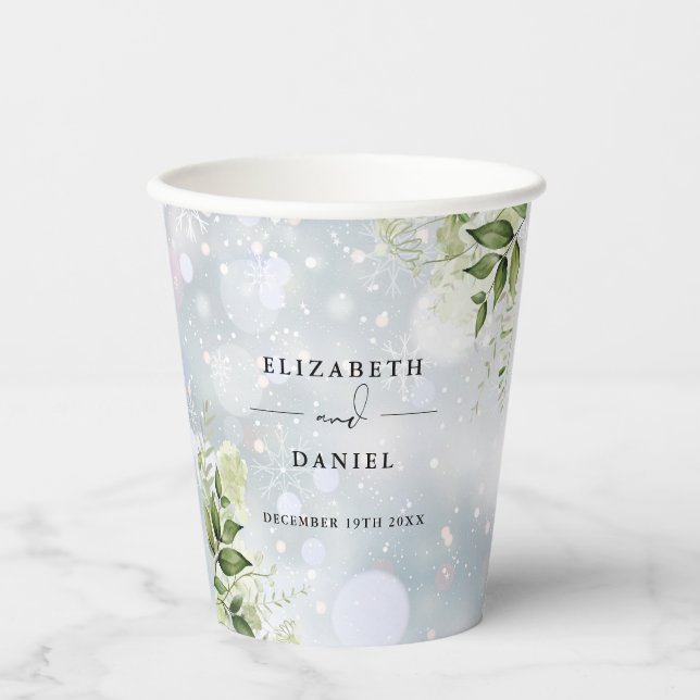 Greenery Floral Elegant Modern Winter Wedding Paper Cups (Front)