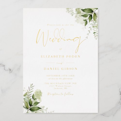Greenery Floral Elegant Monogram Wedding Gold Foil Invitation