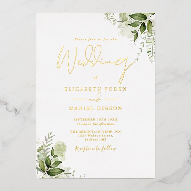 Greenery Floral Elegant Monogram Wedding Gold Foil Invitation (Front)