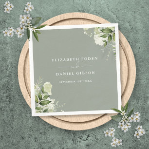 Greenery Floral Elegant Names Date Sage Green Napkins