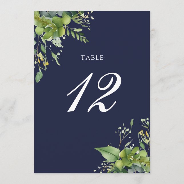 Greenery Floral Elegant Navy Blue Table Number (Front)