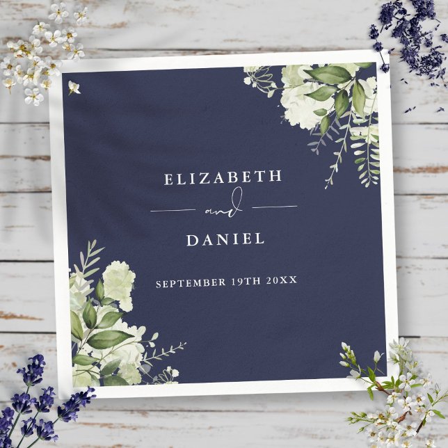 Greenery Floral Elegant Navy Blue Wedding Napkins (Greenery Floral Elegant Navy Blue Wedding Napkins)
