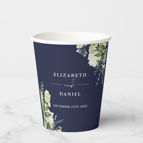 Greenery Floral Elegant Navy Blue Wedding Paper Cups