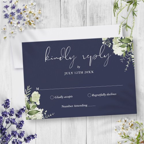 Greenery Floral Elegant Navy Blue Wedding RSVP Card