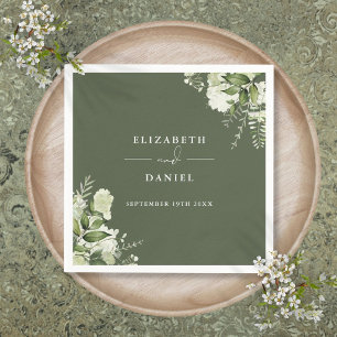Greenery Floral Elegant Olive Green Wedding Napkins